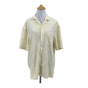 H&M Smiley Shirt Women M Medium Baby Yellow Button Up Relaxed Fit Terry Embossed